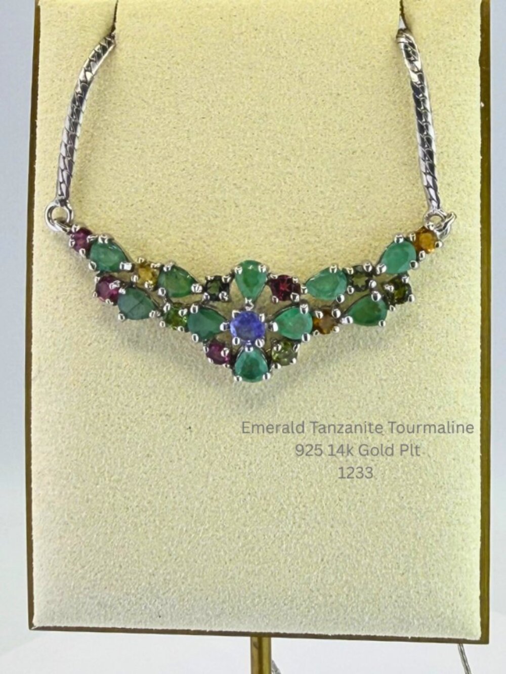 Emerald Tanzanite Tourmaline Necklace 925 Sterling Silver 14K Gold Plated 19 Inc